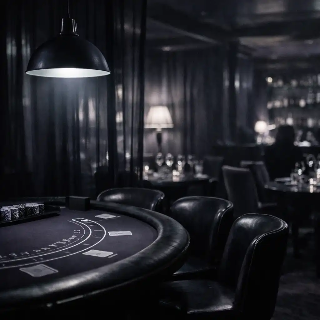 Ciemny salon restauracyjny z fizycznym stołem blackjackowym pod pojedynczą chłodną lampą.