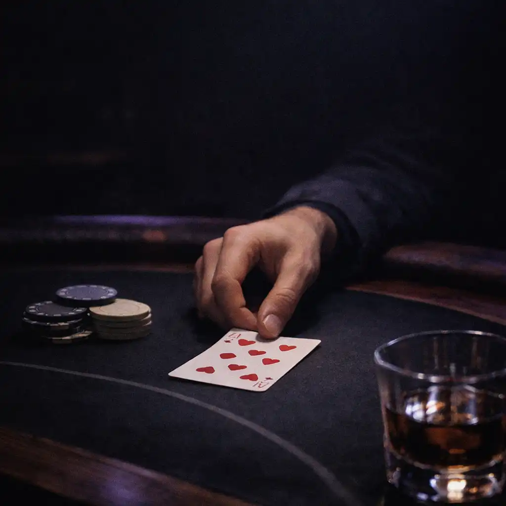 Dłoń układająca kartę na ciemnym stole blackjackowym obok neutralnych żetonów i odbicia szkła.