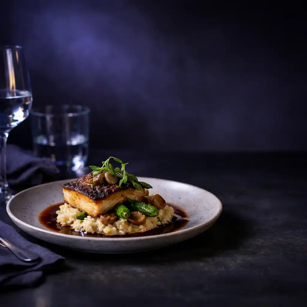 Dopracowane danie na ciemnym stole w nocnej restauracji