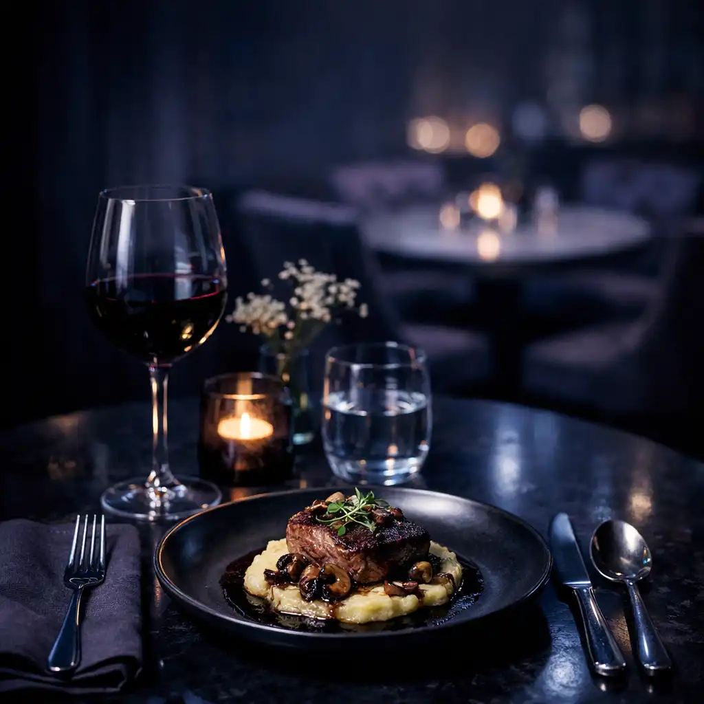 Nakryty restauracyjny stolik po zmroku z ciemną ceramiką, szkłem i pojedynczym daniem w chłodnym świetle.