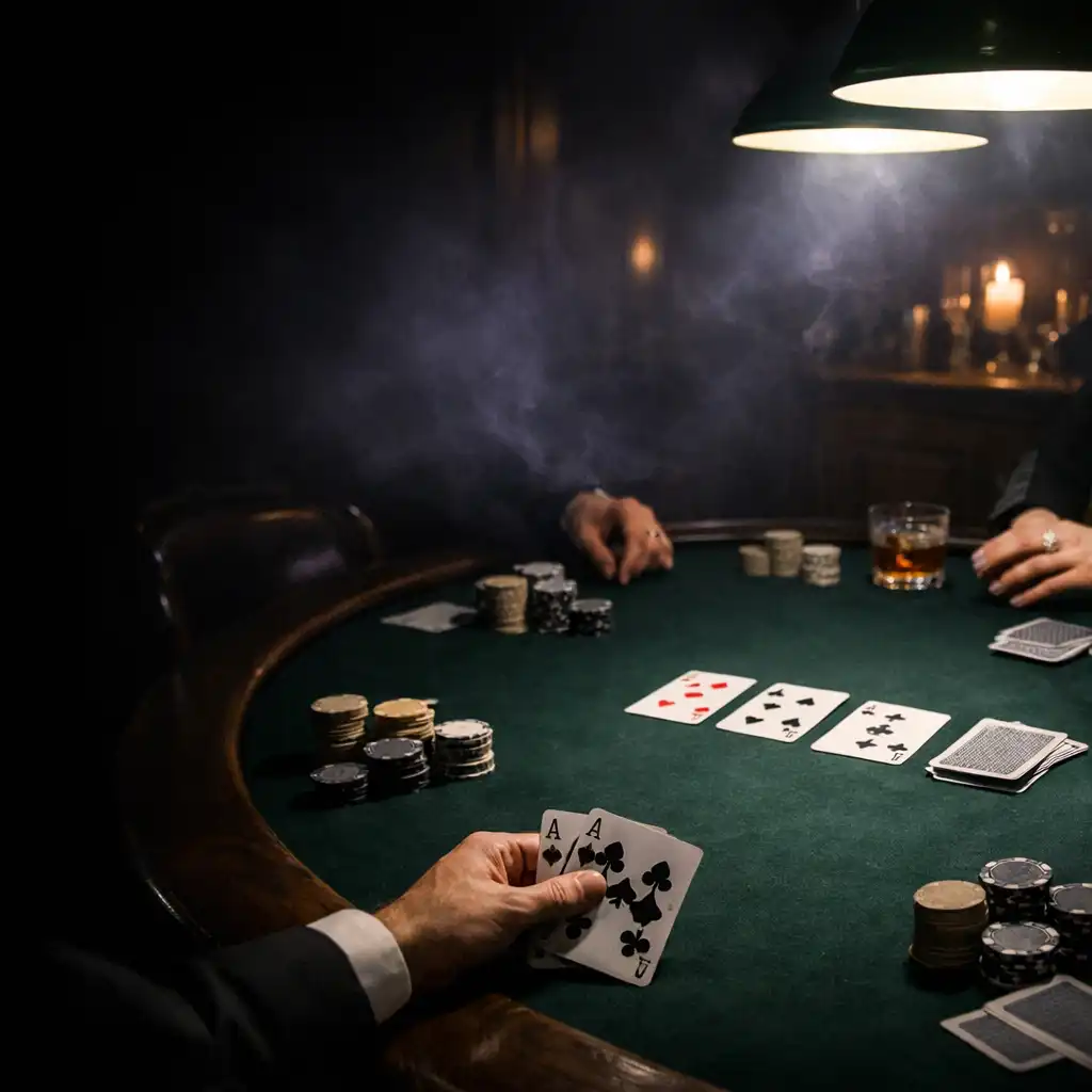 Fizyczny stół pokerowy w ciemnym wnętrzu Savory Atelier, oświetlony chłodnym światłem
