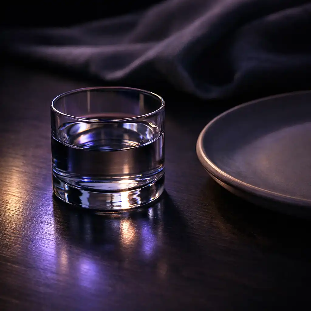 Ciemny restauracyjny stół ze szkłem i chłodnym fioletowym odbiciem