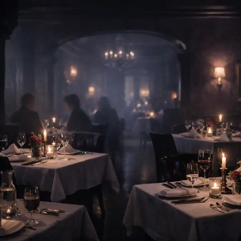 Panoramiczny widok głównej sali nocnej restauracji z elegancko nakrytymi stolikami