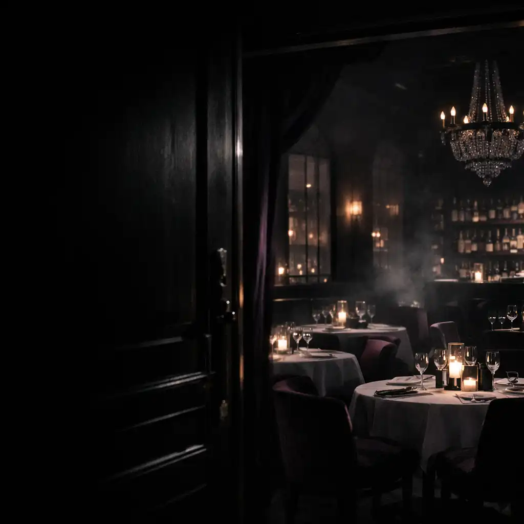 Widok przez ciemne wejście do nocnej sali restauracyjnej